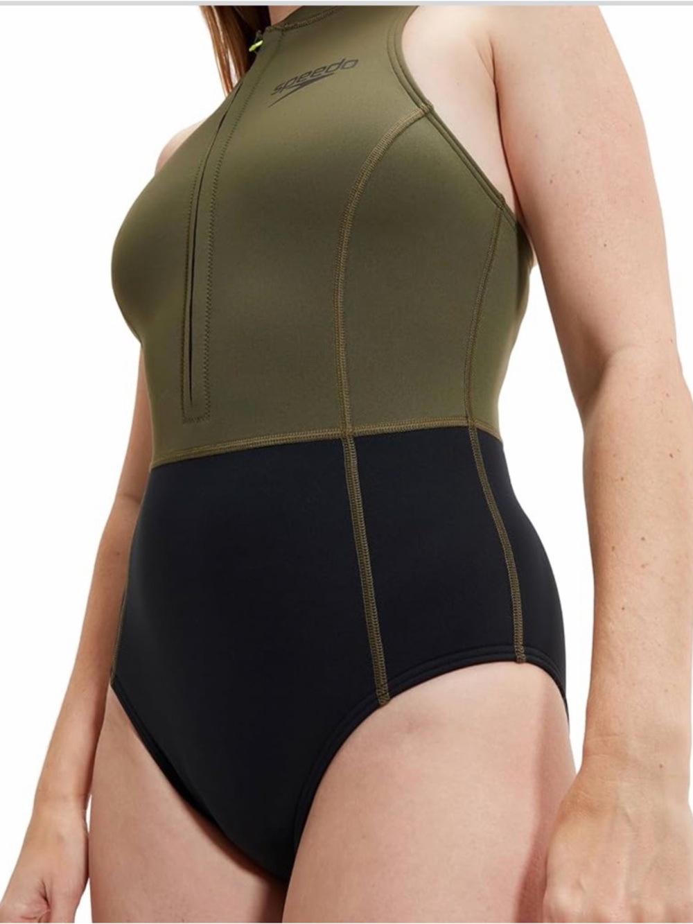Speedo Olive and Black High-Neck Athletic One-Piece Swimsuit